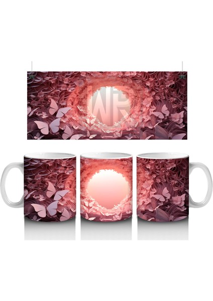 Pembe Kelebeklerle Oluşan Işık Tüneli Kompozisyonu - Baskılı Kahve Kupası