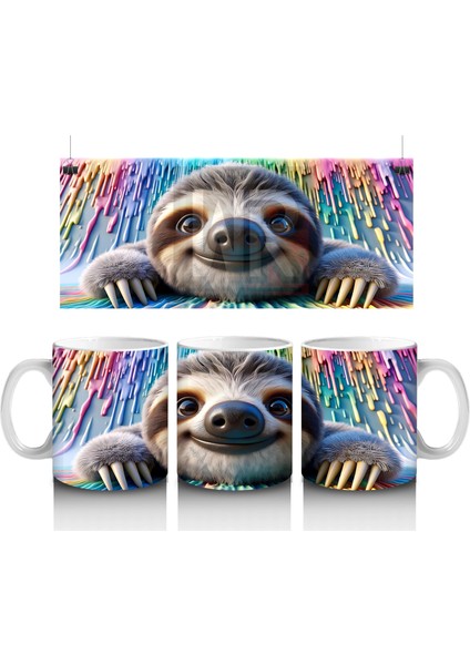 Renkli Fon Üzerinde Mutlu Tembel Hayvan – Baskılı Kahve Kupası