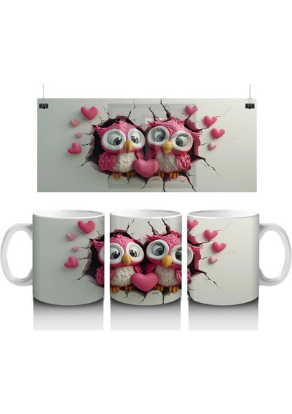 Aşık Baykuş Çifti ve Pembe Kalpler – Baskılı Kahve Kupası