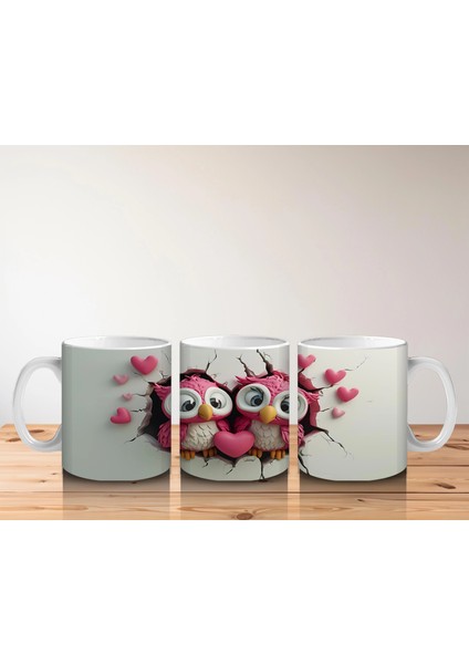 Aşık Baykuş Çifti ve Pembe Kalpler – Baskılı Kahve Kupası indirimleri