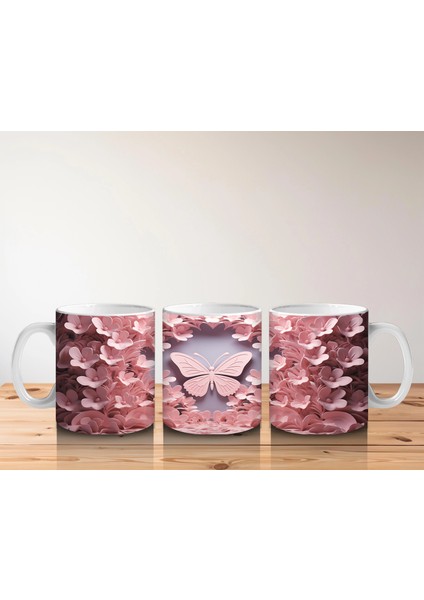 Pembe Yapraklar Arasında Uçuşan Kelebek – Baskılı Kahve Kupası indirimleri