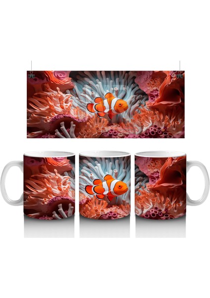 Mercanlar Arasında Yüzen Palyaço Balığı – Baskılı Kahve Kupası