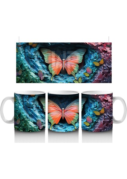 Renkli Gölge Tonlarında Pembe Kelebek – Baskılı Kahve Kupası