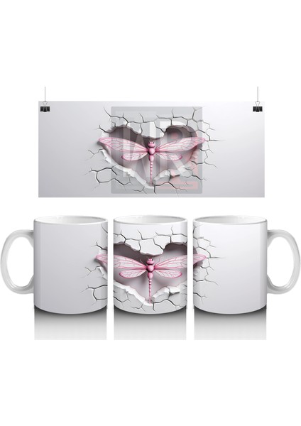 Gri Çatlak Zemin Üzerinde Zarif Pembe Kanatlı Yusufçuk - Baskılı Kahve Kupası