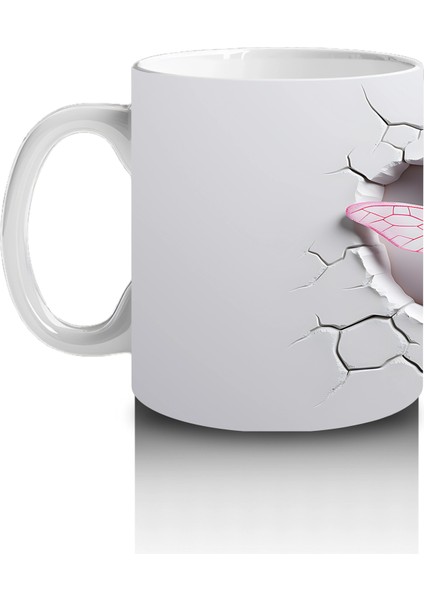 Gri Çatlak Zemin Üzerinde Zarif Pembe Kanatlı Yusufçuk - Baskılı Kahve Kupası fiyatları