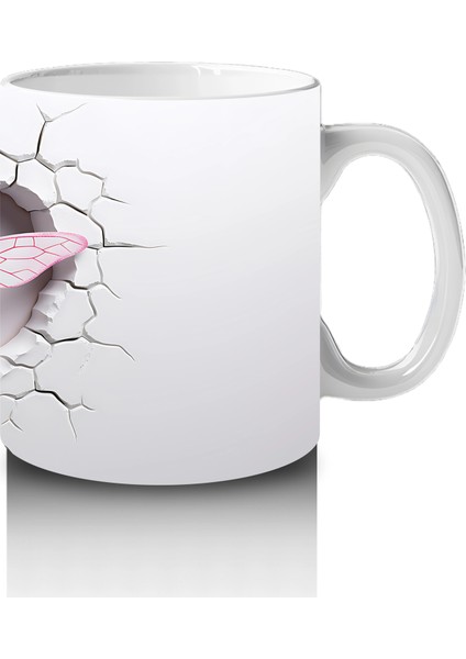 Gri Çatlak Zemin Üzerinde Zarif Pembe Kanatlı Yusufçuk - Baskılı Kahve Kupası fırsatları