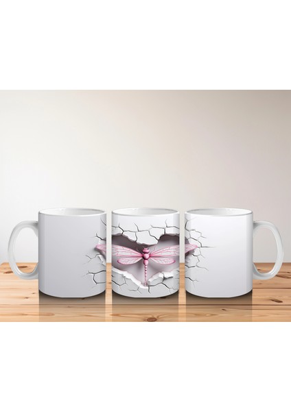Gri Çatlak Zemin Üzerinde Zarif Pembe Kanatlı Yusufçuk - Baskılı Kahve Kupası indirimleri