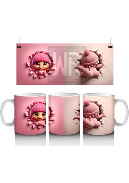 Pembe Bereli Sevimli Ejderha Karakteri - Baskılı Kahve Kupası