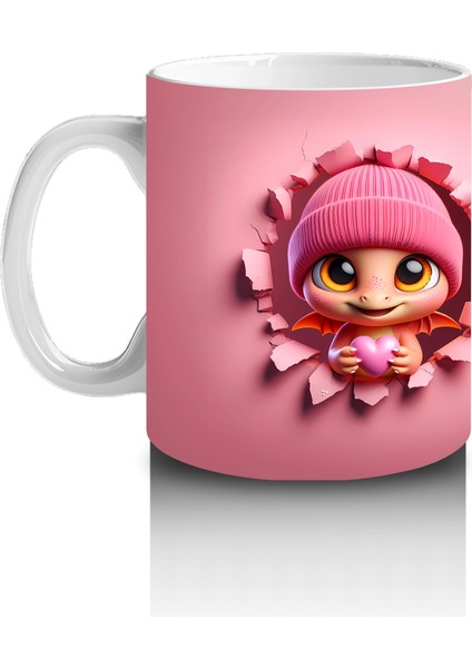 Pembe Bereli Sevimli Ejderha Karakteri - Baskılı Kahve Kupası fiyatları