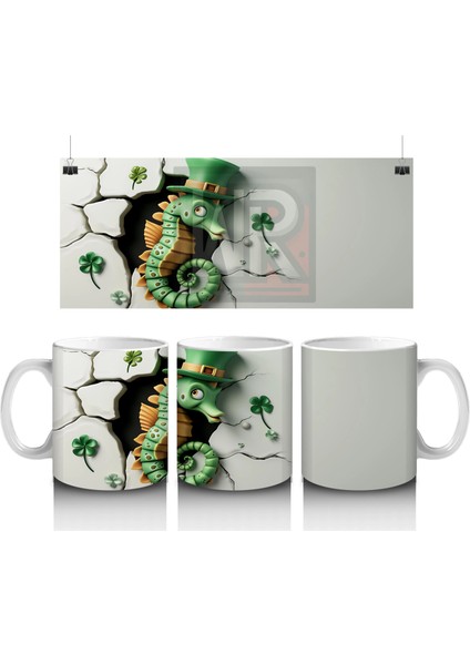 Şapkalı Yeşil Timsah ve Yonca Yaprakları – Baskılı Kahve Kupası