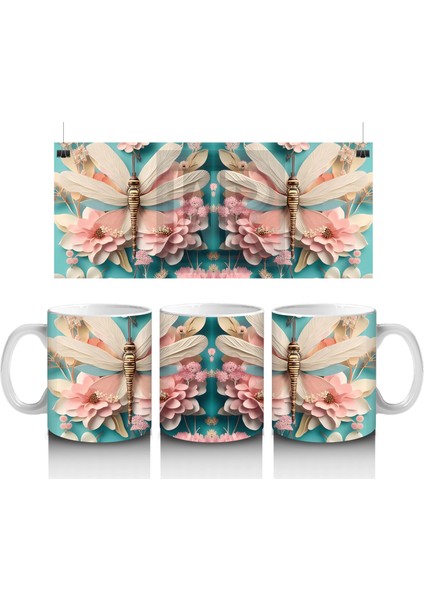 Pembe Çiçeklerle Süslenmiş Çift Yusufçuk Illüstrasyonu - Baskılı Kahve Kupası