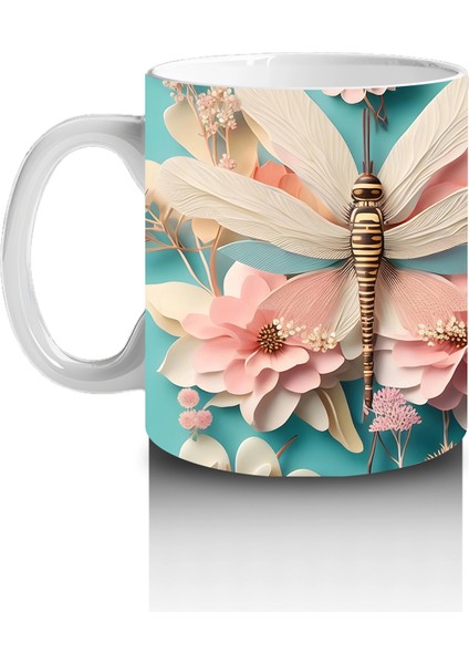 Pembe Çiçeklerle Süslenmiş Çift Yusufçuk Illüstrasyonu - Baskılı Kahve Kupası fiyatları