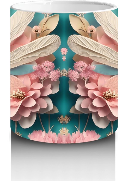 Pembe Çiçeklerle Süslenmiş Çift Yusufçuk Illüstrasyonu - Baskılı Kahve Kupası modelleri