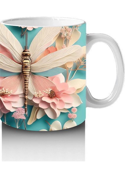 Pembe Çiçeklerle Süslenmiş Çift Yusufçuk Illüstrasyonu - Baskılı Kahve Kupası fırsatları