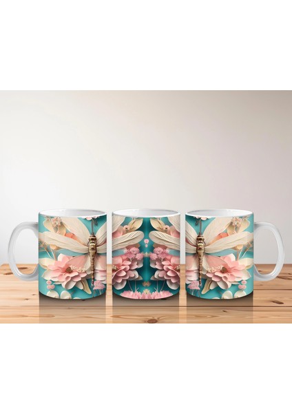 Pembe Çiçeklerle Süslenmiş Çift Yusufçuk Illüstrasyonu - Baskılı Kahve Kupası indirimleri