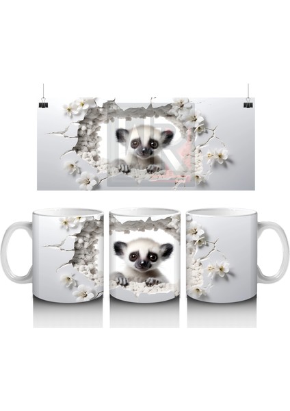 Kırık Duvar Arasından Bakan Tatlı Lemur Tasarımı - Baskılı Kahve Kupası