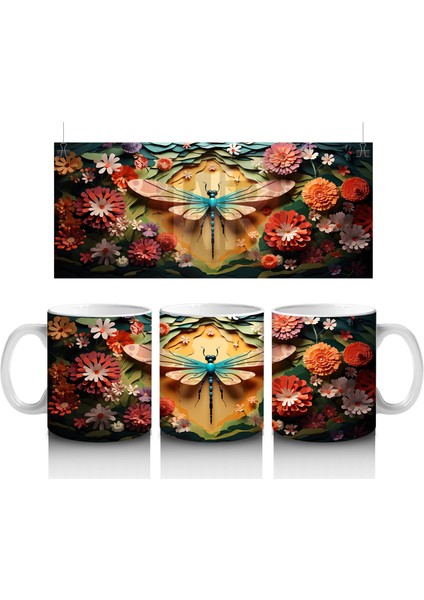 Çiçeklerle Süslenmiş Fantezi Tarzı Renkli Yusufçuk - Baskılı Kahve Kupası