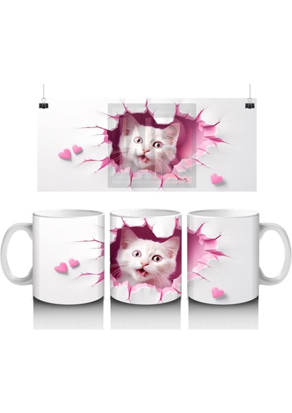 Pembe Kalplerle Süslenmiş Tatlı Kedi – Baskılı Kahve Kupası