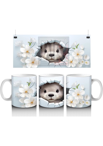 Beyaz Çiçeklerle Süslenmiş Sevimli Su Samuru – Baskılı Kahve Kupası