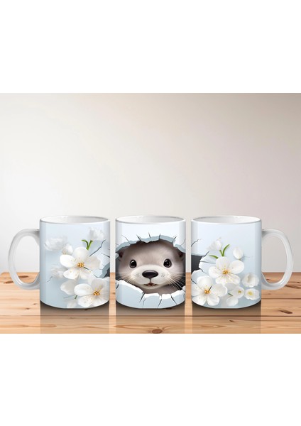 Beyaz Çiçeklerle Süslenmiş Sevimli Su Samuru – Baskılı Kahve Kupası indirimleri