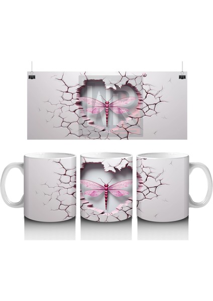 Çatlak Zemin Üzerinde Pembe Kanatlı Yusufçuk – Baskılı Kahve Kupası