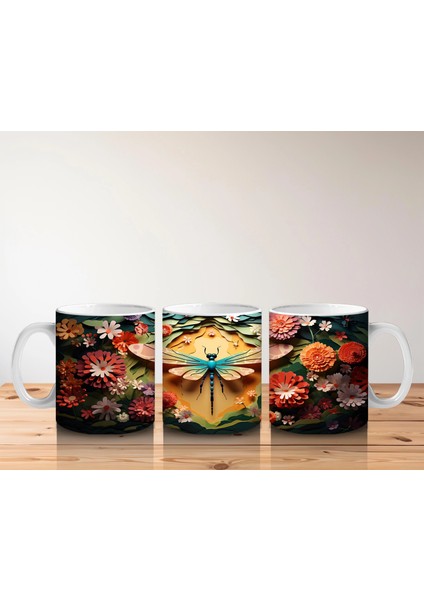 Çiçeklerle Süslenmiş Fantezi Tarzı Renkli Yusufçuk - Baskılı Kahve Kupası indirimleri
