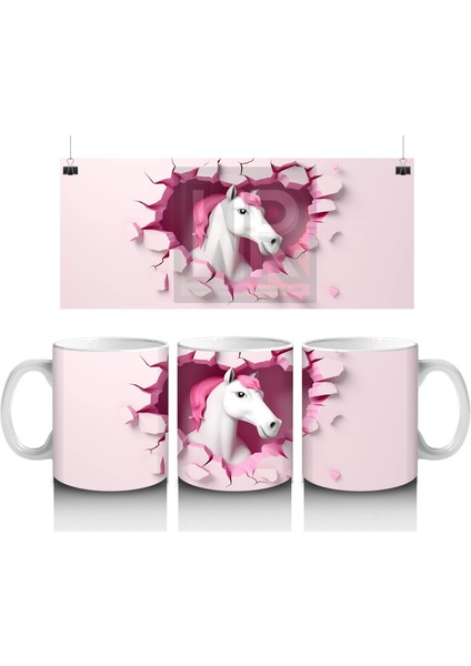 Pembe Kalpli Duvar Önünde Tek Boynuzlu At – Baskılı Kahve Kupası