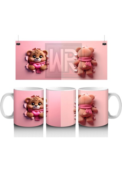 Kalpli Figür Tutan Sevimli Ayıcık Karakteri (Ön ve Arka) - Baskılı Kahve Kupası