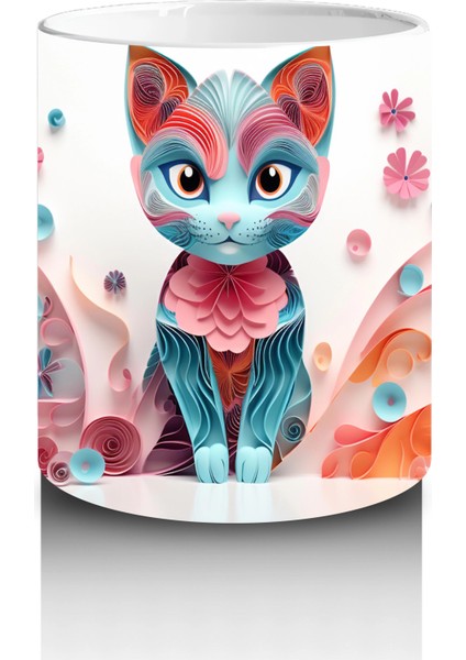 Renkli Çiçekli Desende Mavi Gözlü Kedi – Baskılı Kahve Kupası modelleri