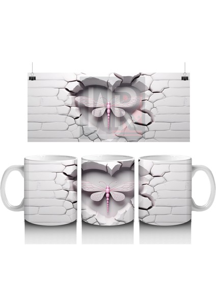 Beyaz Tuğla Üzerinde Pembe Yusufçuk – Baskılı Kahve Kupası