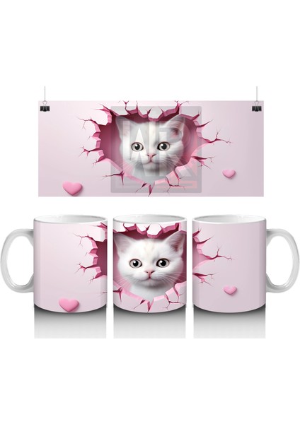 Pembe Kalplerle Süslenmiş Sevimli Kedi – Baskılı Kahve Kupası