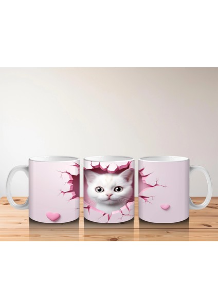 Pembe Kalplerle Süslenmiş Sevimli Kedi – Baskılı Kahve Kupası indirimleri