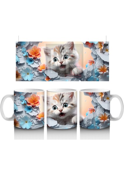 Turuncu Çiçekler Arasında Tatlı Kedi – Baskılı Kahve Kupası