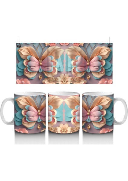 Turkuaz Tonlarda Çiçekli Kelebek Ikilisi – Baskılı Kahve Kupası
