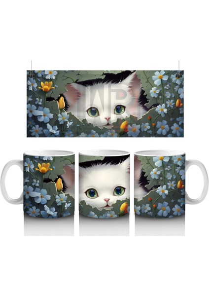 Koyu Fon Üzerinde Mavi Gözlü Sevimli Kedi – Baskılı Kahve Kupası