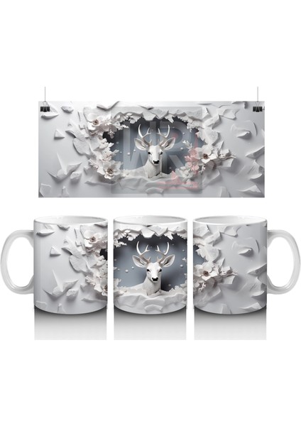 Beyaz Çiçeklerle Süslenmiş Çatlak Zeminden Bakan Geyik - Baskılı Kahve Kupası