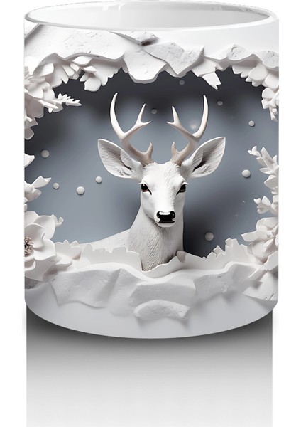 Beyaz Çiçeklerle Süslenmiş Çatlak Zeminden Bakan Geyik - Baskılı Kahve Kupası modelleri