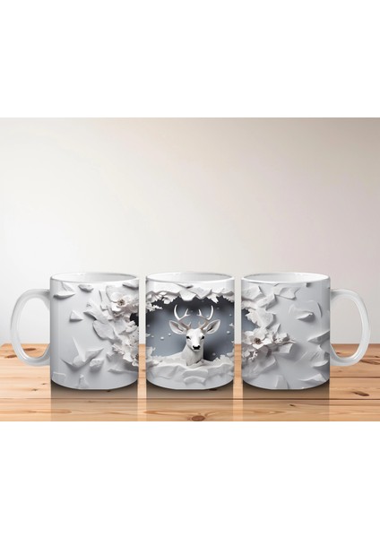 Beyaz Çiçeklerle Süslenmiş Çatlak Zeminden Bakan Geyik - Baskılı Kahve Kupası indirimleri