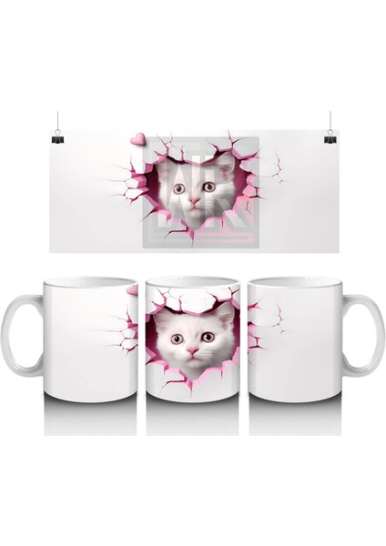 Duvarı Delen Beyaz Kedi Yavrusu – Baskılı Kahve Kupası