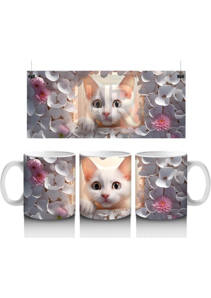 Gri Yapraklar Arasında Meraklı Kedi – Baskılı Kahve Kupası