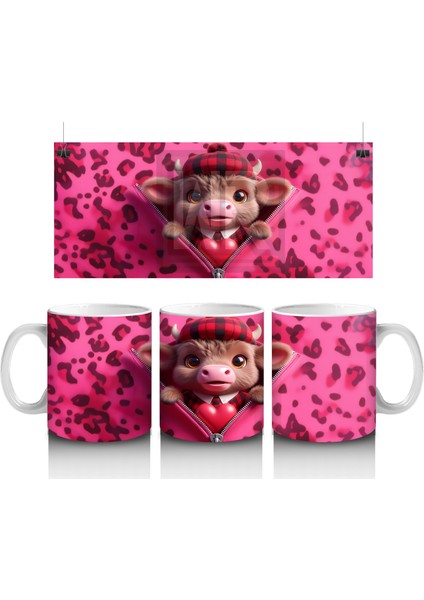 Leopar Desenli Arka Planda Aşık Buzağı – Baskılı Kahve Kupası