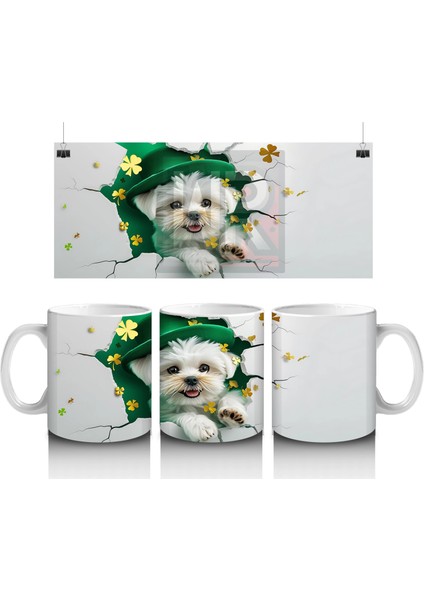 Şans Şapkası Takan Beyaz Yavru Köpek – Baskılı Kahve Kupası