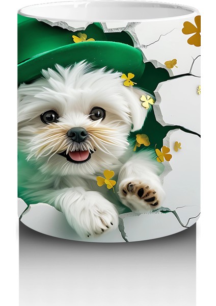 Şans Şapkası Takan Beyaz Yavru Köpek – Baskılı Kahve Kupası modelleri