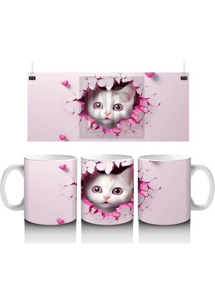 Pembe Kalpli Çatlak Duvar Arasında Tatlı Kedi – Baskılı Kahve Kupası