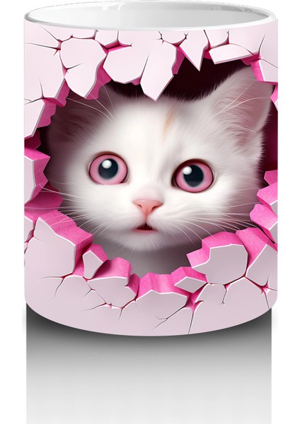 Pembe Kalpli Çatlak Duvar Arasında Tatlı Kedi – Baskılı Kahve Kupası modelleri