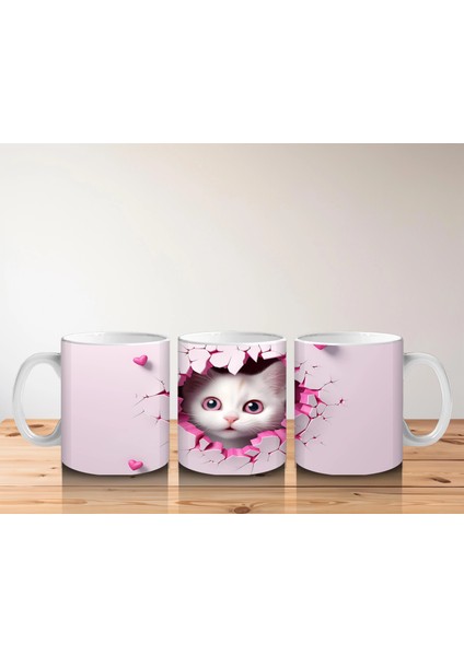 Pembe Kalpli Çatlak Duvar Arasında Tatlı Kedi – Baskılı Kahve Kupası indirimleri