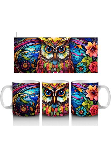 Renkli Çiçekler Arasında Parlayan Baykuş – Baskılı Kahve Kupası