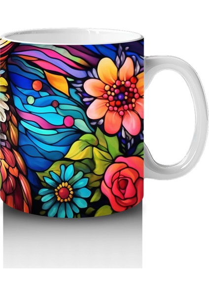 Renkli Çiçekler Arasında Parlayan Baykuş – Baskılı Kahve Kupası fırsatları