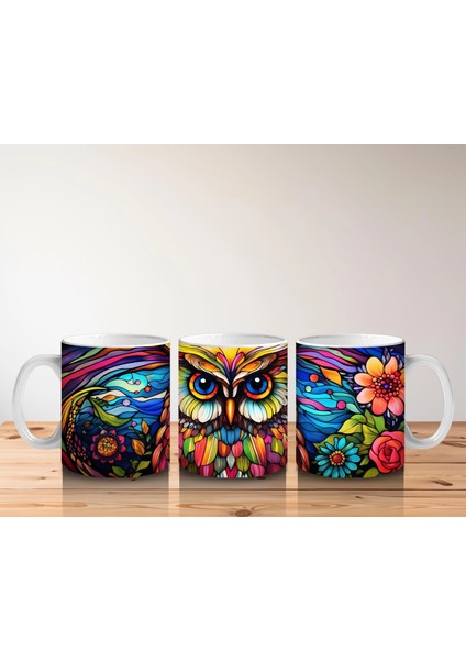 Renkli Çiçekler Arasında Parlayan Baykuş – Baskılı Kahve Kupası indirimleri