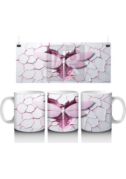 Pembe Kırık Zemin Üzerinde Detaylı Yusufçuk Kanatları - Baskılı Kahve Kupası